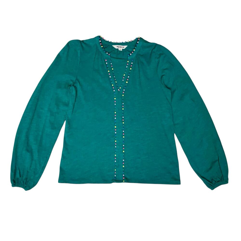 Boden Beaded Peasant Top Blouse Sz 4 Teal Green Colorful Vibrant Office Feminine